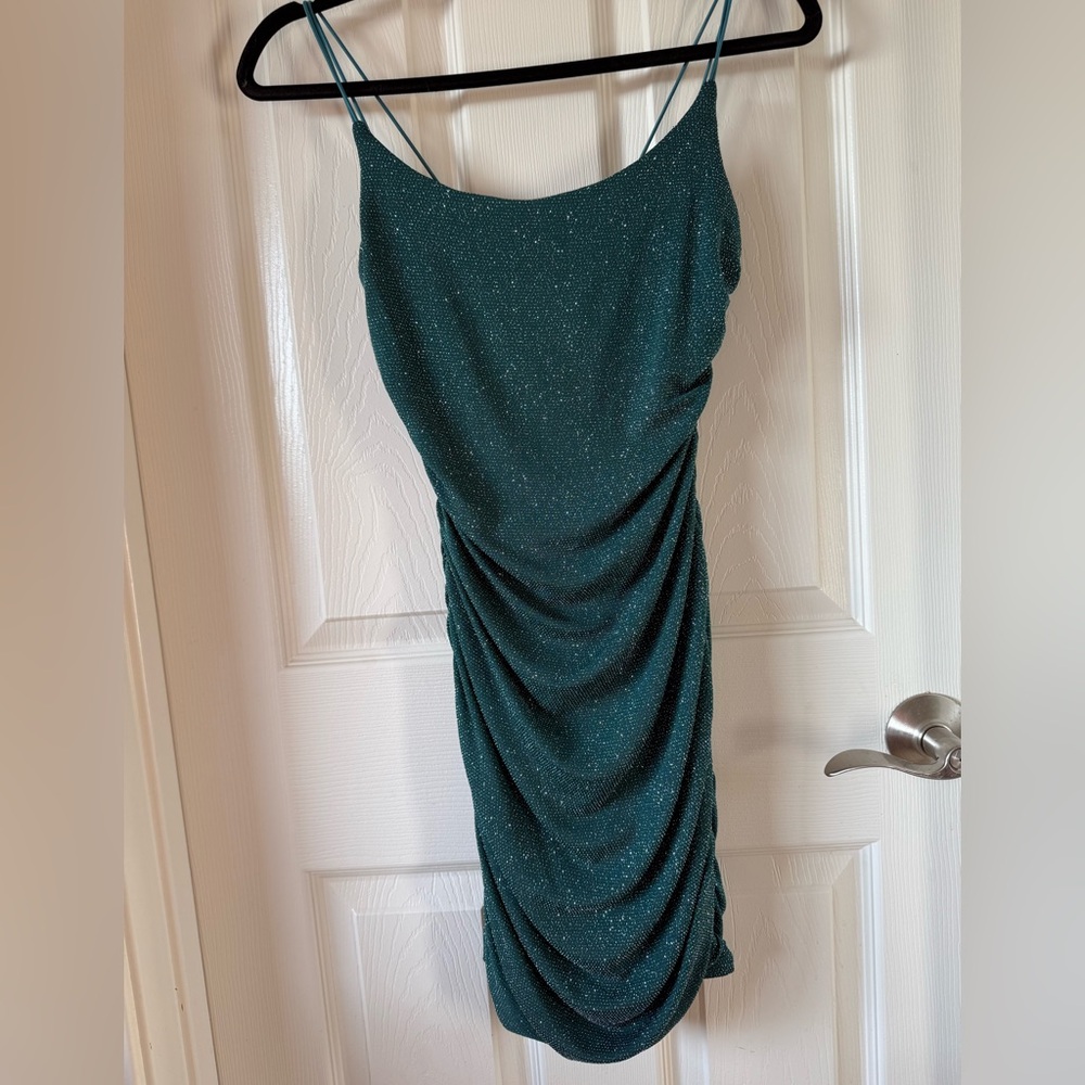 B Darlin Shimmering Teal Gathered Mini Dress